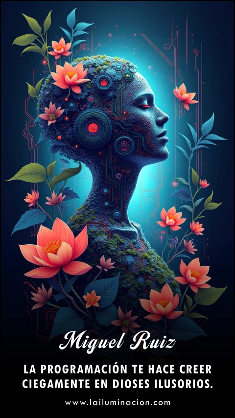 Imagen de la frase: La programación te hace creer ciegamente en dioses ilusorios. Imagen de la frase: La programación te hace creer ciegamente en dioses ilusorios.
